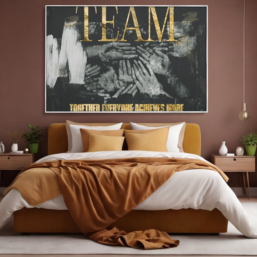 Tablou canvas cu tablou motivational cu maini si text, in rama de aluminiu argintiu, pe perete intr-un dormitor